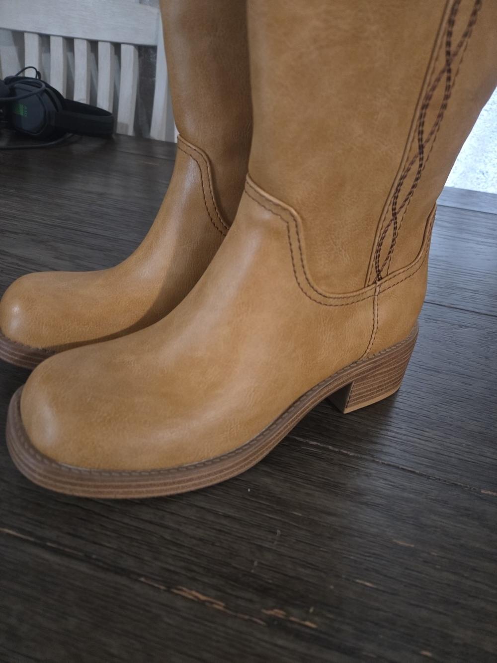 Knee-High Tan Block Heel Riding Boots - Picture 8 of 14